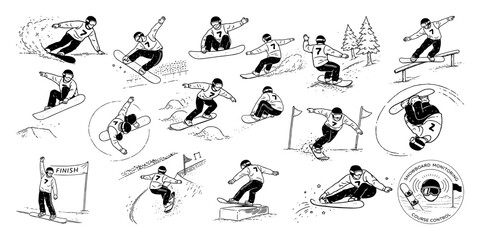 スノーボードの基本動作とトリックポーズ線画イラストセット、Snowboard Basic Movements and Trick Poses Line Art Set © MEG-MEG
