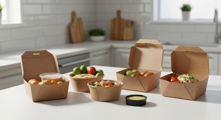 Healthy food containers on a kitchen counter with ingredients