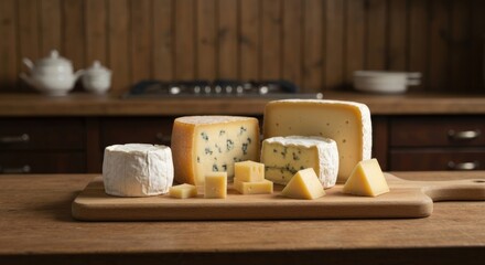 Assortment of gourmet cheeses on a wooden board, kitchen background