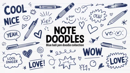Fototapete Rund Positive Typografie A hand drawn collection of doodles includes pens hearts speech bubbles and positive words on lined paper creating a playful aesthetic high quality professional detailed modern  © Raian