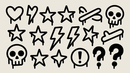 A collection of hand drawn black line art doodles featuring hearts stars skulls lightning bolts and question marks on a beige background high quality professional detailed