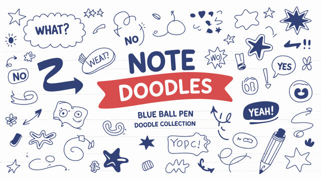 A colorful collection of hand drawn doodles features speech bubbles stars arrows and the word note prominently displayed in red high quality professional detailed modern elegant