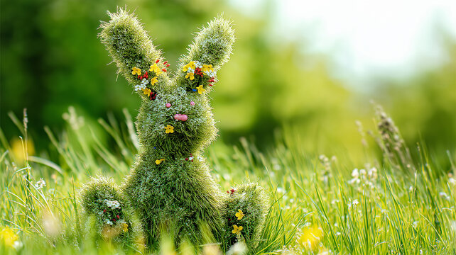 A charming bunny crafted from lush grass and colorful blooms sits gracefully in a sunlit field Generative AI
