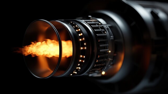 Close-up of a powerful rocket engine thruster with fiery exhaust and flames. Concept for launch, power, speed, and technological advancement.