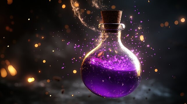 A mysterious bottle filled with a magical, glowing liquid. A fantasy potion concept for games, alchemy, and witchcraft themes. 3D render.