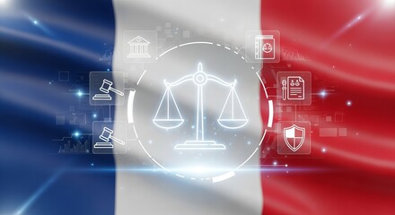 Justice in France Digital Law Concept with Scales of Justice Icon and French Flag Background