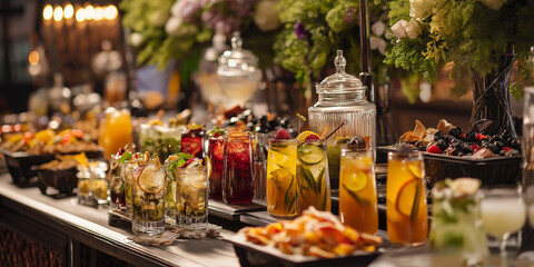 Colorful cocktails and delightful dishes fill the table, bringing happiness to the joyful gathering Generative AI