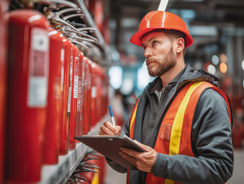 Expert inspects fire alarms in a busy warehouse to ensure safety compliance Generative AI