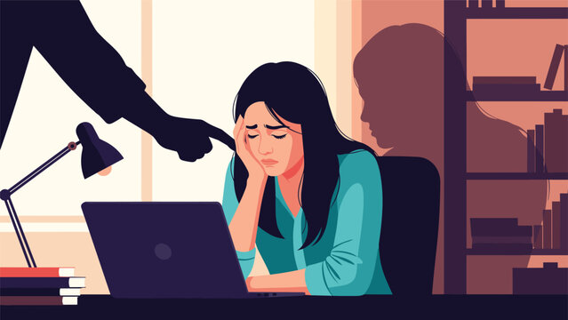 Stressed female employee is verbally abused by her boss, illustrating workplace harassment, bullying, and a toxic work environment.