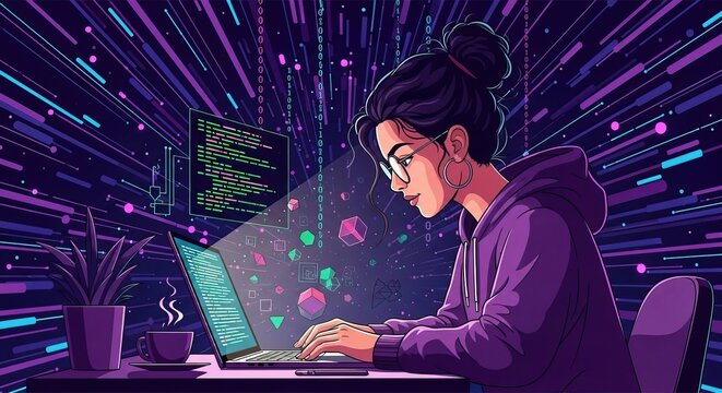 Woman in purple hoodie working on laptop with code and geometric shapes around her international women's day background download 2026 2027
