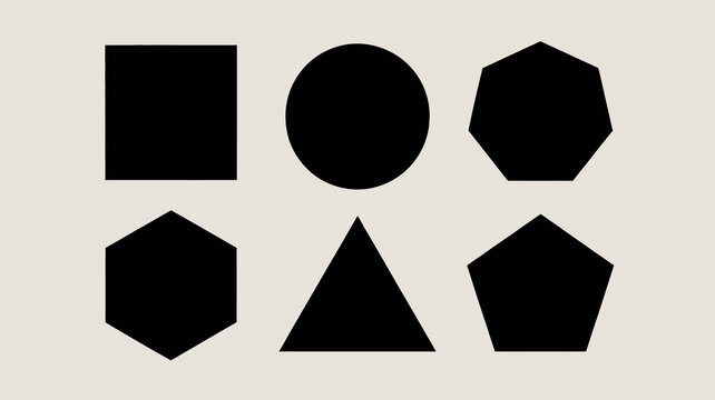 A minimalist composition displays six black geometric shapes a square circle heptagon hexagon triangle and pentagon against a pale background high quality professional detailed modern elegant