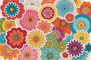 Colorful cartoon flowers in various shapes and sizes with white outlines on a light beige background  many different colorful flowers
