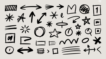 A collection of hand drawn black and white doodle elements including arrows stars shapes and lines scattered across a light background high quality professional detailed modern