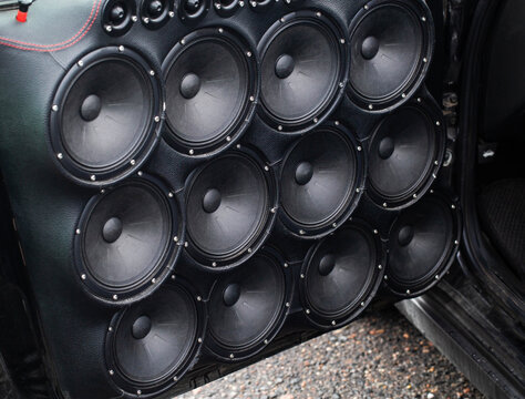 Extreme Car Door Modification Completely Filled With Array Of Speakers. Powerful Audio Installation For Maximum Sound Pressure.