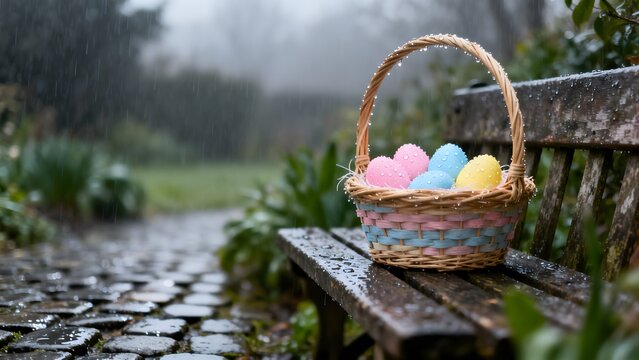Easter basket left in rainy garden. Wet eggs, cobblestones, soft gray light. Moody, melancholic, poetic spring atmosphere.