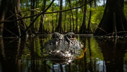 Fototapeta premium Alligator emerges from dark swamp water, eyes alert amongst cypress trees.