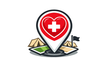 Obraz premium Location pin with heart and medical cross symbol above tents