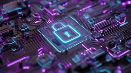 Fototapeta premium A close-up view of a circuit board with a glowing blue padlock