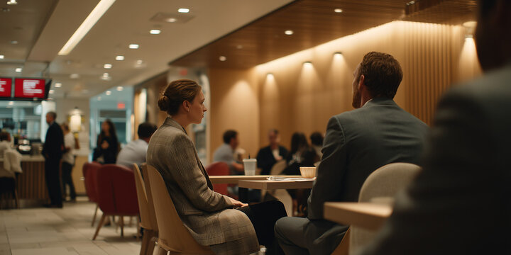 Business people in a restaurant or cafe, possibly during a meeting or a break, discussing and networking. Focus on the central couple, with other business people in background 