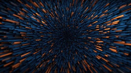 Fototapeta premium Blue and Orange Geometric Cuboids Forming Radiating Explosive Pattern with Depth of Field Futuristic 3D Abstract Technology Background