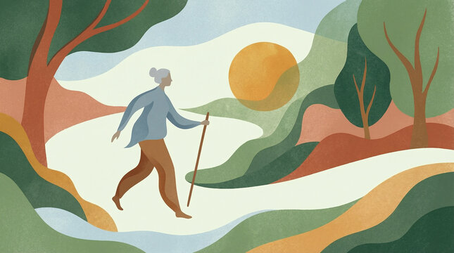Active retirement and longevity concepts for healthcare marketing Abstract Illustration of a Woman Hiking in Nature with Vibrant Colors Senior fitness and vitality imagery for modern aging campaigns