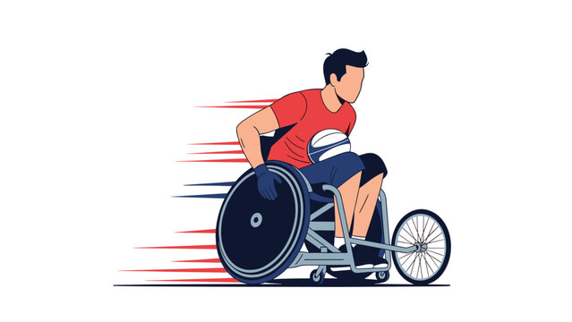 Athlete in a wheelchair playing rugby at high speed, an illustration of paralympic sports, disability, and adaptive athletics.