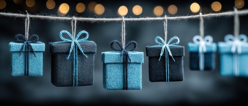 Small Blue and Black Gift Boxes Hanging from Twine String with Festive Glowing Lights Holiday Celebration Background