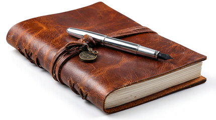 A leather-bound journal or diary with a rustic, brown cover. Resting atop the journal is a sleek, silver fountain pen with a black nib