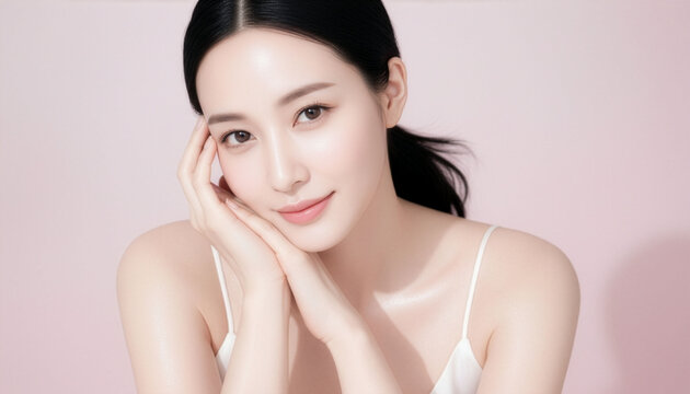 やわらかな血色感と艶肌が映えるビューティースタジオショット、清潔感と信頼感を演出するナチュラルスキンケア広告向けポートレート