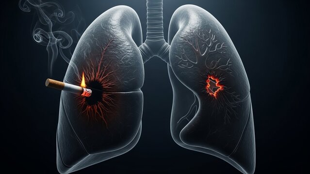Damaged lungs with cigarette burning and smoke on black background