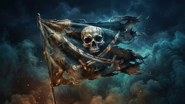 Pirate Flag in the Storm: A tattered pirate flag with skull and crossbones flutters dramatically against a stormy, ominous sky, evoking tales of adventure and the high seas.