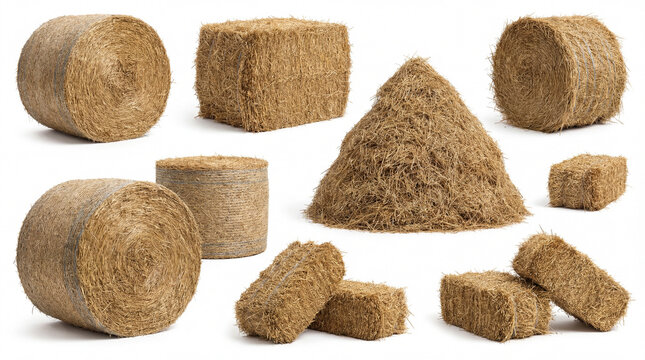 Collection of hay bales and straw blocks isolated on white background
