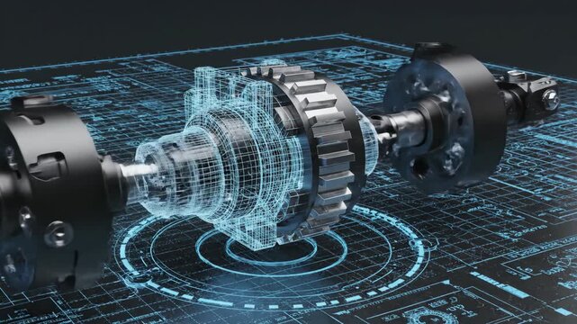 3D digital engineering design with gears on blueprint