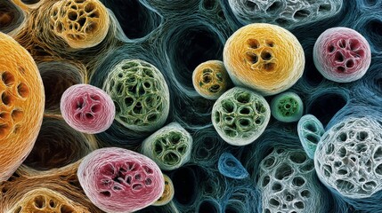 Microscopic microorganisms under laboratory microscope, abstract cellular biology concept showing detailed microbial structure and scientific research in medical and biotechnology science background