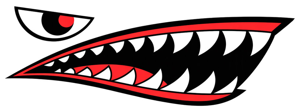 A stylized logo design featuring a menacing shark mouth with sharp white teeth against a black background.