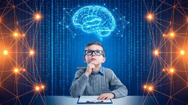 Focused school boy studying with holographic brain and digital network background
