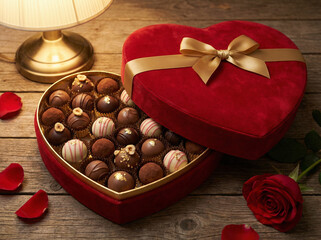 Luxury chocolate truffles in heart shaped box valentine