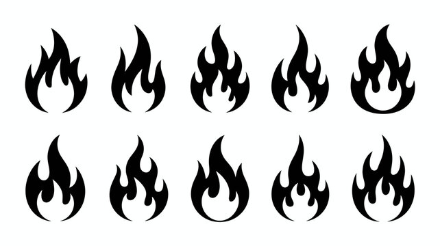 A collection of stylized black flame shapes are displayed arranged in a grid like pattern against a clean white background high quality professional detailed modern elegant