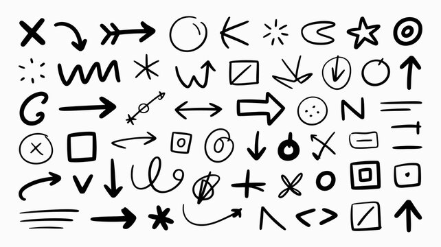 A chaotic collection of hand drawn doodle symbols and arrows in black ink on a white background featuring diverse graphic elements high quality professional detailed modern