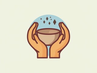 Hands holding a bowl filled with falling sparkling particles under a dome.