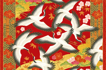 A traditional Japanese textile pattern featuring white Japanese cranes in flight against a vibrant red background