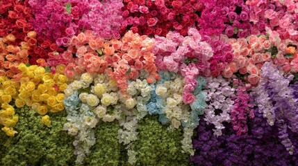 Obraz premium Multi-colored flower wall background with vibrant floral pattern texture for spring, wedding invitations, event decor, greeting cards, social media banners, posters, wallpapers, and creative design te