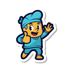 Fototapeta premium A cartoon character in blue outfit and hat giving a thumbs up and waving, depicted in a vector illustration