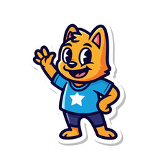Fototapeta premium A cartoon cat character waving with a star on its blue shirt standing on a white background in eps file r73.eps