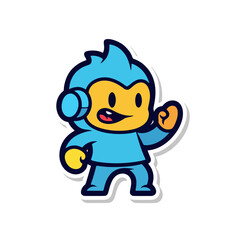 Fototapeta premium A cartoon character in blue attire and headphones is depicted in a dynamic pose with a friendly gesture