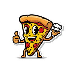 Naklejka premium A cartoon pizza slice character with a cheerful expression holding a drink and giving a thumbs up, depicted in a vector illustration