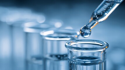 Blue laboratory test tube row with liquid drop from pipette, medical research and biotechnology experiment concept in clean blue tone background for science innovation and clinical analysis
