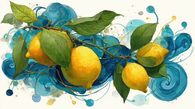 Watercolor Lemon tree branches seamless border,lemon set On a white background,Summer citrus fruit,Juicy colors,Hand drawn lemon set,Botanical illustration collection,Whole lemons,banner menu drink.