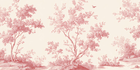 A seamless vintage-style landscape design featuring stylized trees and birds in shades of red. The design evokes a sense of tranquility and nature