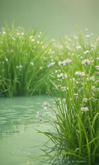Soft pastel green grass with abstract flowers and gentle splashes of water on a warm background,  soft colors,  natural scenery